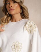 j&x Pulover Alb din bumbac Decorat cu flori 3D Esenavia