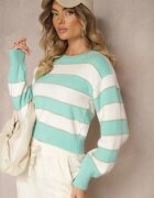 j&x Pulover Alb-Menta în Dungi Orizontale cu Cusături de Fir Metalic Zinfarra