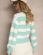 j&x Pulover Alb-Menta în Dungi Orizontale cu Cusături de Fir Metalic Zinfarra