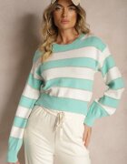 j&x Pulover Alb-Menta în Dungi Orizontale cu Cusături de Fir Metalic Zinfarra