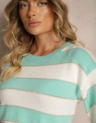 j&x Pulover Alb-Menta în Dungi Orizontale cu Cusături de Fir Metalic Zinfarra
