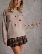 j&x Pulover casual cu lână și bumbac cu broderii de inimioare în față Veroni Bej