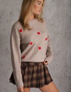 j&x Pulover casual cu lână și bumbac cu broderii de inimioare în față Veroni Bej