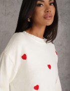 j&x Pulover casual cu lână și bumbac cu broderii de inimioare în față Veroni Bej deschis