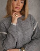 j&x Pulover cu bumbac și lână decorat cu cusături pe margini Lavail Gri