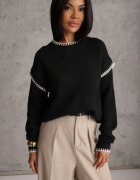 j&x Pulover cu bumbac și lână decorat cu cusături pe margini Lavail Negru