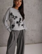j&x Pulover cu lână bumbac și broderie cu flori Delfa Gri