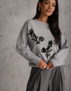 j&x Pulover cu lână bumbac și broderie cu flori Delfa Gri