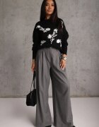 j&x Pulover cu lână bumbac și broderie cu flori Delfa Negru