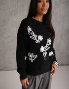 j&x Pulover cu lână bumbac și broderie cu flori Delfa Negru