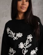 j&x Pulover cu lână bumbac și broderie cu flori Delfa Negru
