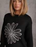 j&x Pulover cu lână bumbac și broderie florală Adetna Negru