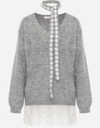 j&x Pulover cu lână cu finisaj din dantelă și guler tip choker Astira Gri