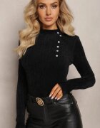 j&x Pulover de Lână Negru cu nasturi bijuterie și păr mai lung Tuvelio