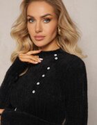 j&x Pulover de Lână Negru cu nasturi bijuterie și păr mai lung Tuvelio