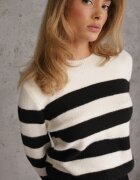 j&x Pulover din bumbac și lână decorat cu dungi Halibena Crem cu Crem cu negru