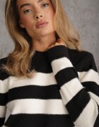 j&x Pulover din bumbac și lână decorat cu dungi Halibena Crem cu Negru cu crem