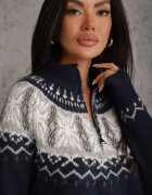 j&x Pulover din lână cu model scandinav și guler scurt cu fermoar Nardia Albastru