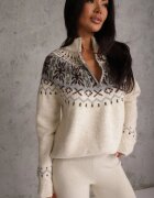j&x Pulover din lână cu model scandinav și guler scurt cu fermoar Nardia Bej deschis