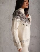 j&x Pulover din lână cu model scandinav și guler scurt cu fermoar Nardia Bej deschis
