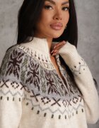 j&x Pulover din lână cu model scandinav și guler scurt cu fermoar Nardia Bej deschis