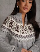 j&x Pulover din lână cu model scandinav și guler scurt cu fermoar Nardia Gri