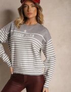 j&x Pulover Gri din Bumbac Decorat cu Inscriere Brodata și Dungi Zeanika