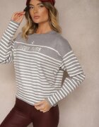 j&x Pulover Gri din Bumbac Decorat cu Inscriere Brodata și Dungi Zeanika