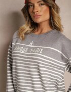 j&x Pulover Gri din Bumbac Decorat cu Inscriere Brodata și Dungi Zeanika