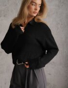 j&x Pulover moale din lână și vâscoză croi Polo cu guler și decolteu în V Lazo Negru