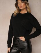 j&x Pulover Negru Croi cutie Decorat cu buzunar cu model Zeanila