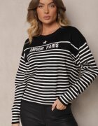 j&x Pulover Negru cu Bumbac Decorat cu Inscripție Brodată și Dungi Zeanika