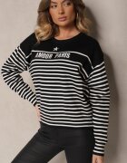 j&x Pulover Negru cu Bumbac Decorat cu Inscripție Brodată și Dungi Zeanika