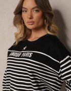 j&x Pulover Negru cu Bumbac Decorat cu Inscripție Brodată și Dungi Zeanika
