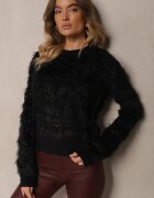 j&x Pulover Negru cu Lână Decorat cu striații și Păr Lung Sialora