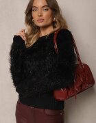 j&x Pulover Negru cu Lână Decorat cu striații și Păr Lung Sialora