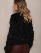 j&x Pulover Negru cu Lână Decorat cu striații și Păr Lung Sialora
