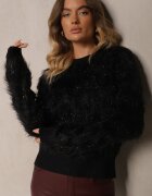 j&x Pulover Negru cu Lână Decorat cu striații și Păr Lung Sialora