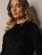 j&x Pulover Negru cu Lână Decorat cu striații și Păr Lung Sialora