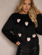 j&x Pulover Negru Pufoș cu adaos de lână Decorat cu căpșuni 3D Leriah