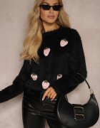 j&x Pulover Negru Pufoș cu adaos de lână Decorat cu căpșuni 3D Leriah