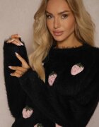 j&x Pulover Negru Pufoș cu adaos de lână Decorat cu căpșuni 3D Leriah