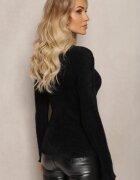j&x Pulover Pufos Negru din Lână cu Guler semi-înalt și Nasturi Decorativi Zekluna