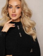 j&x Pulover Pufos Negru din Lână cu Guler semi-înalt și Nasturi Decorativi Zekluna