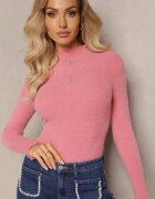 j&x Pulover Roz Pufos de Lână cu Guler semi-înalt și Nasturi Decorativi Zekluna
