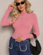 j&x Pulover Roz Pufos de Lână cu Guler semi-înalt și Nasturi Decorativi Zekluna