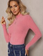 j&x Pulover Roz Pufos de Lână cu Guler semi-înalt și Nasturi Decorativi Zekluna