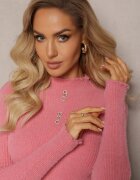 j&x Pulover Roz Pufos de Lână cu Guler semi-înalt și Nasturi Decorativi Zekluna