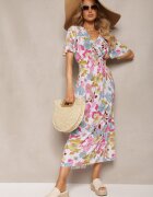 j&x Rochie Alb-Roz cu elastic în talie cu decolteu triunghiular cu imprimeu floral Nellvia