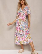 j&x Rochie Alb-Roz cu elastic în talie cu decolteu triunghiular cu imprimeu floral Nellvia